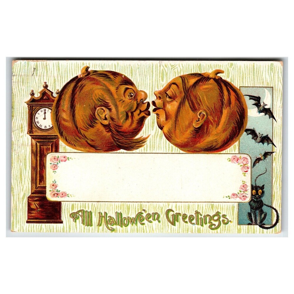 Vintage 1909 Halloween Postcard Pumpkin Heads Kissing Bats Black Cat